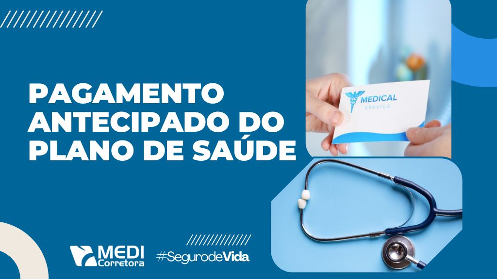 Banner informativo com texto 'Pagamento antecipado do plano de saúde', logotipo da Medi Corretora e imagens relacionadas a serviços médicos.